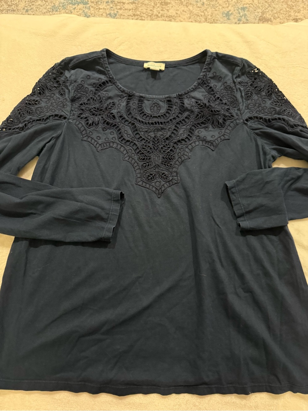 Sundance Navy Blue Long Sleeve Top with Lace Trim Medium E04